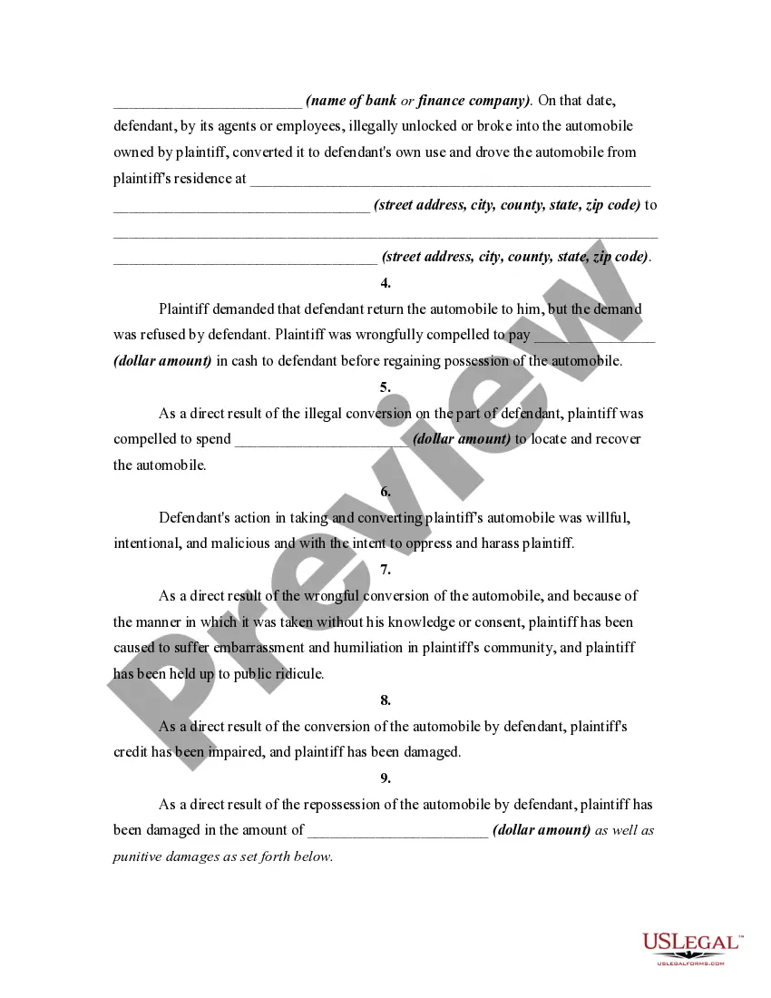 Get Complaint for Wrongful Repossession of Automobile and Impairment of Credit Preview Complaint for Wrongful Repossession of Automobile and Impairment of Credit