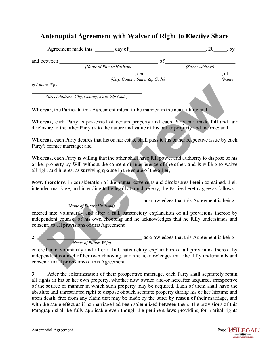 page 0 Antenuptial Agreement with Waiver of Right to Elective Share preview