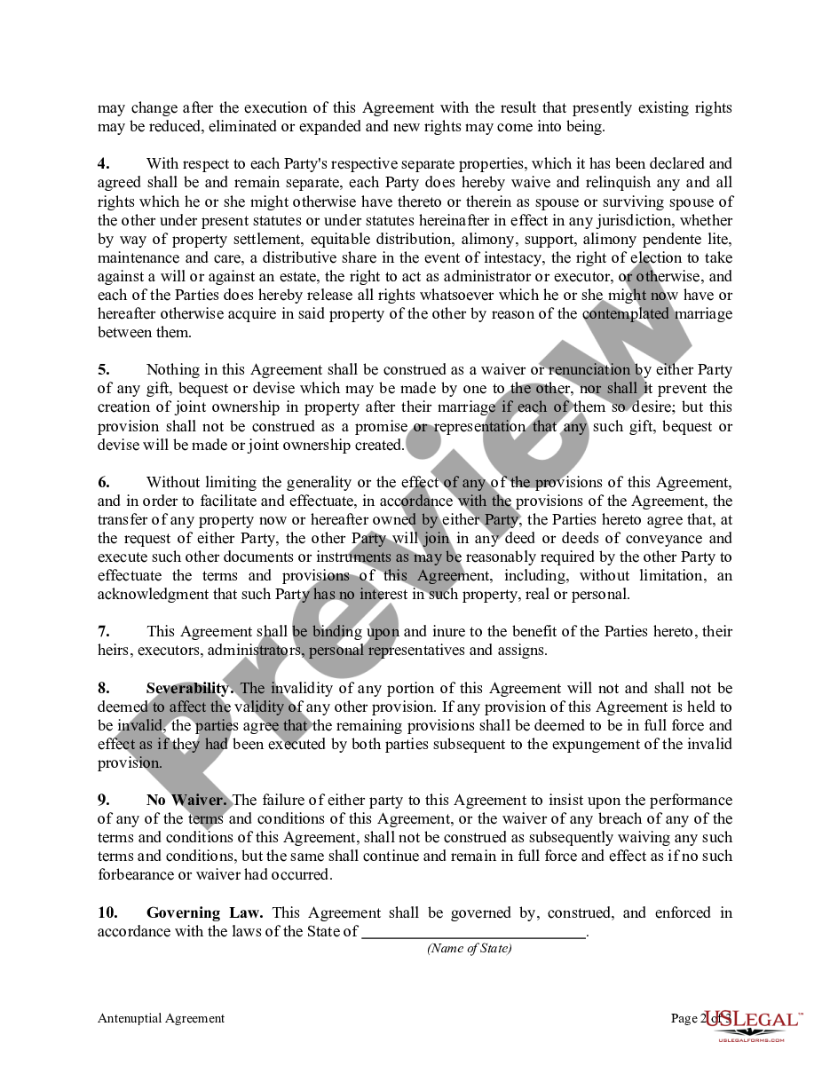 page 1 Antenuptial Agreement with Waiver of Right to Elective Share preview