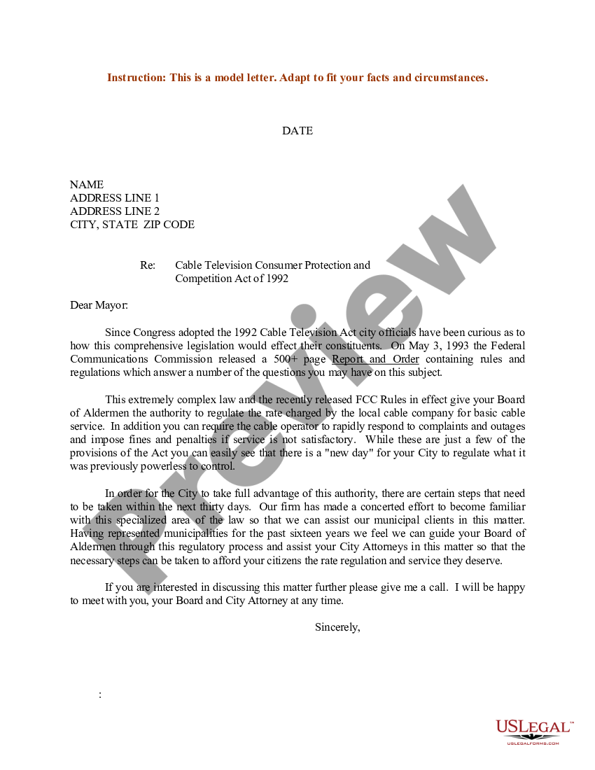 Sample Letter to Mayor concerning Cable Television Consumer Protection ...