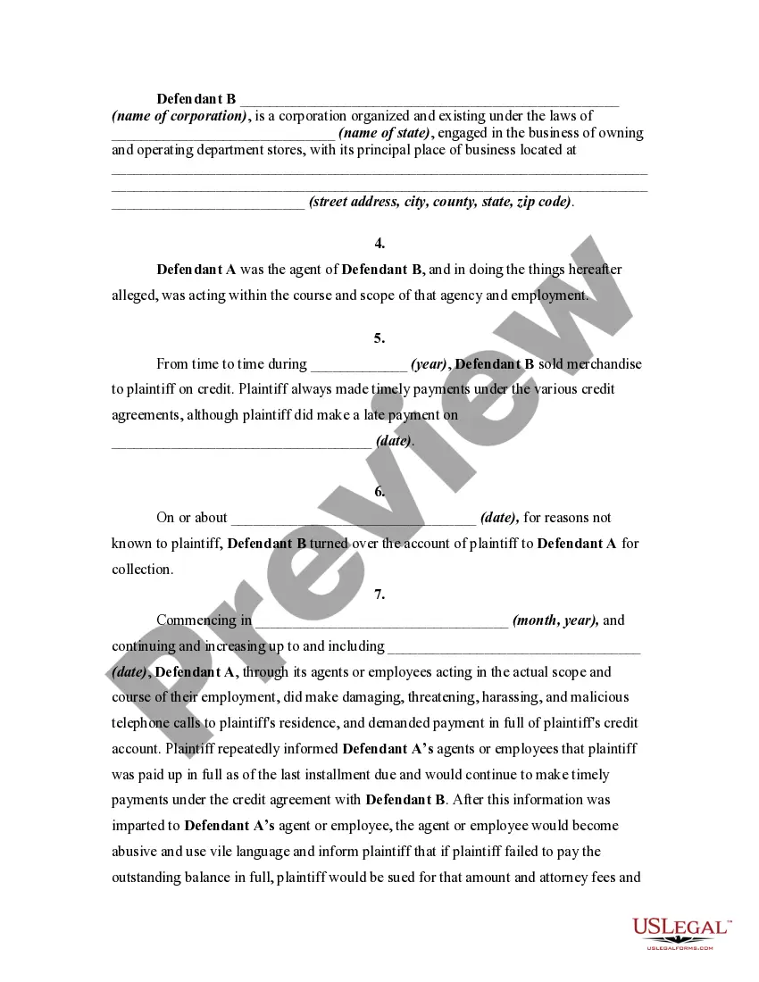 Preview Complaint by Debtor for Harassing and Malicious Telephone Calls Regarding Debt, Invasion of Right to Privacy and Violation of the Federal Fair Debt Collection Practices Act