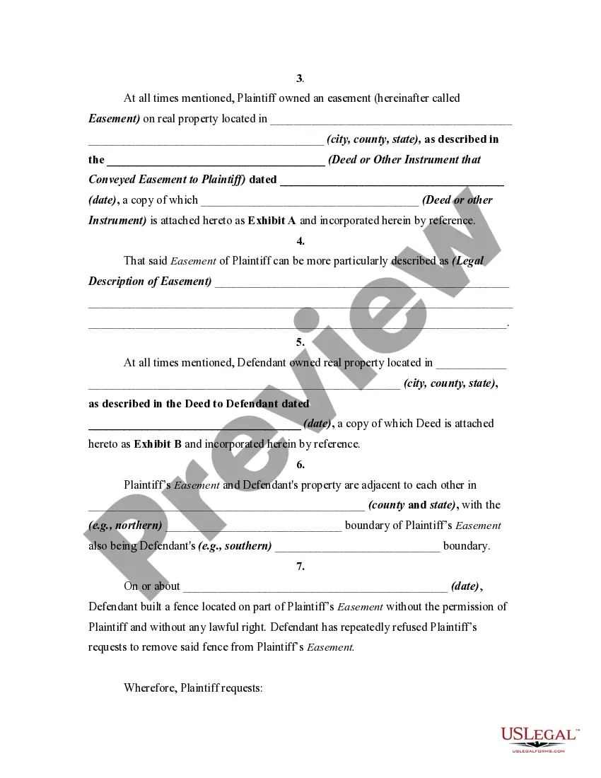 Get Complaint or Petition for Injunctive Relief Against Adjoining Landowner for Refusing to Remove Fence on Easement of Plaintiff or Petitioner Preview Complaint or Petition for Injunctive Relief Against Adjoining Landowner for Refusing to Remove Fence on Easement of Plaintiff or Petitioner