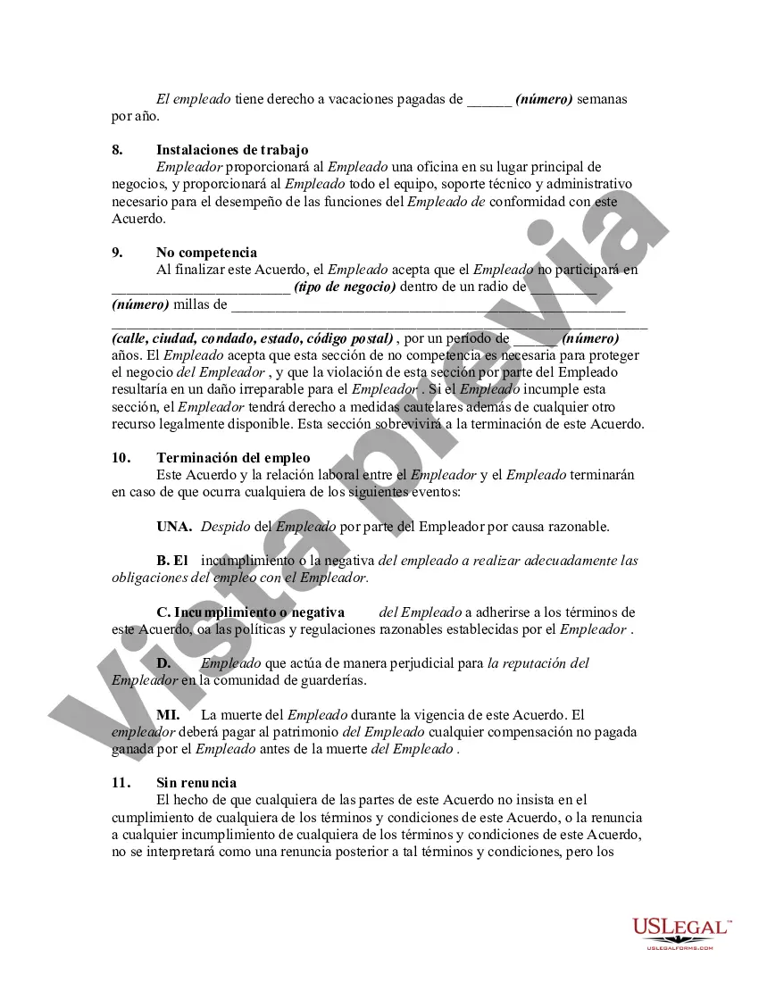 Preview Acuerdo de Empleo con el Director de Guardería o Centro de Cuidado Infantil incluyendo Disposición de No Competencia