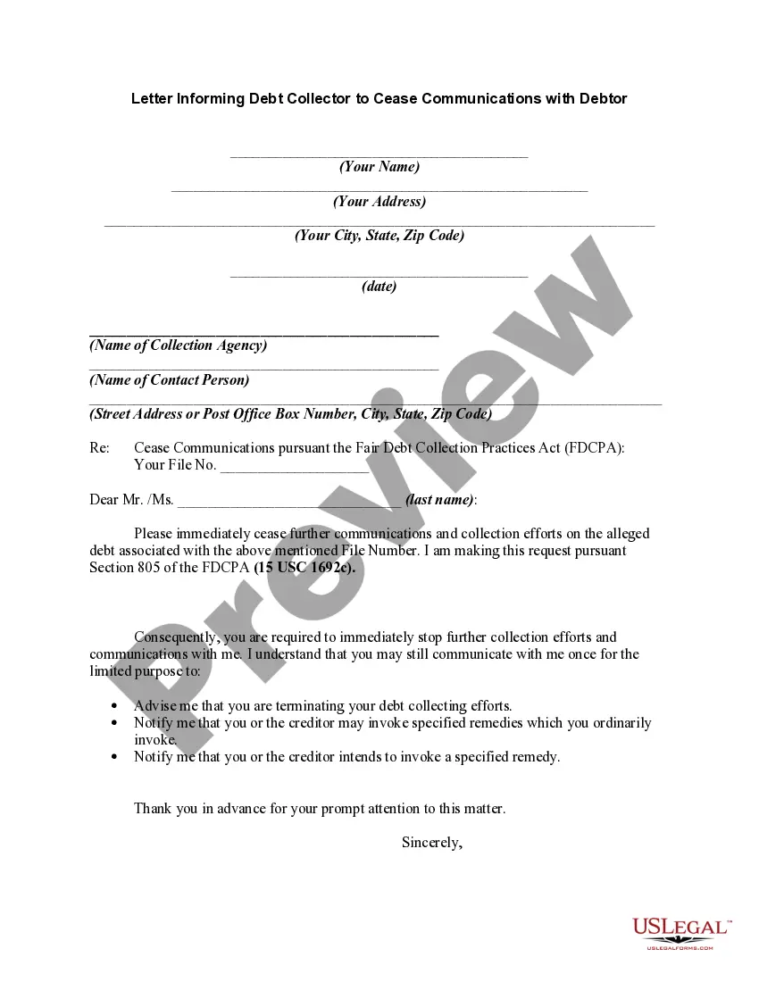 Preview Letter Informing to Debt Collector to Cease Communications with Debtor