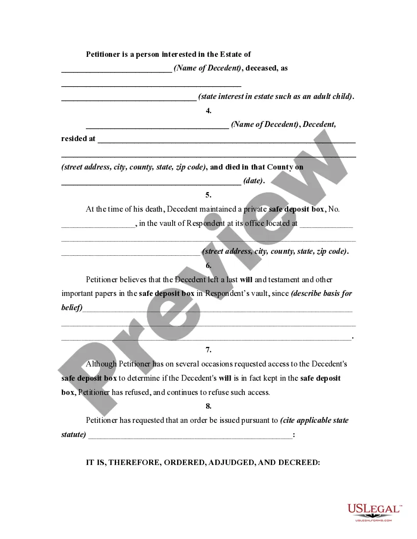 Get Order Authorizing Petitioner to Open Safe Deposit Box of Decedent Preview Order Authorizing Petitioner to Open Safe Deposit Box of Decedent