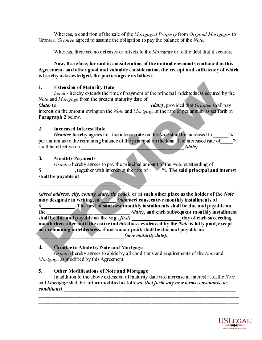 Preview Mortgage Extension Agreement with Assumption of Debt by New Owner of Real Property Covered by the Mortgage and Increase of Interest