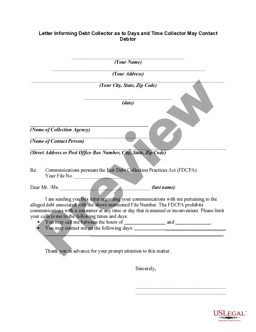 Preview Letter Informing Debt Collector as to Days and Time Collector May Contact Debtor
