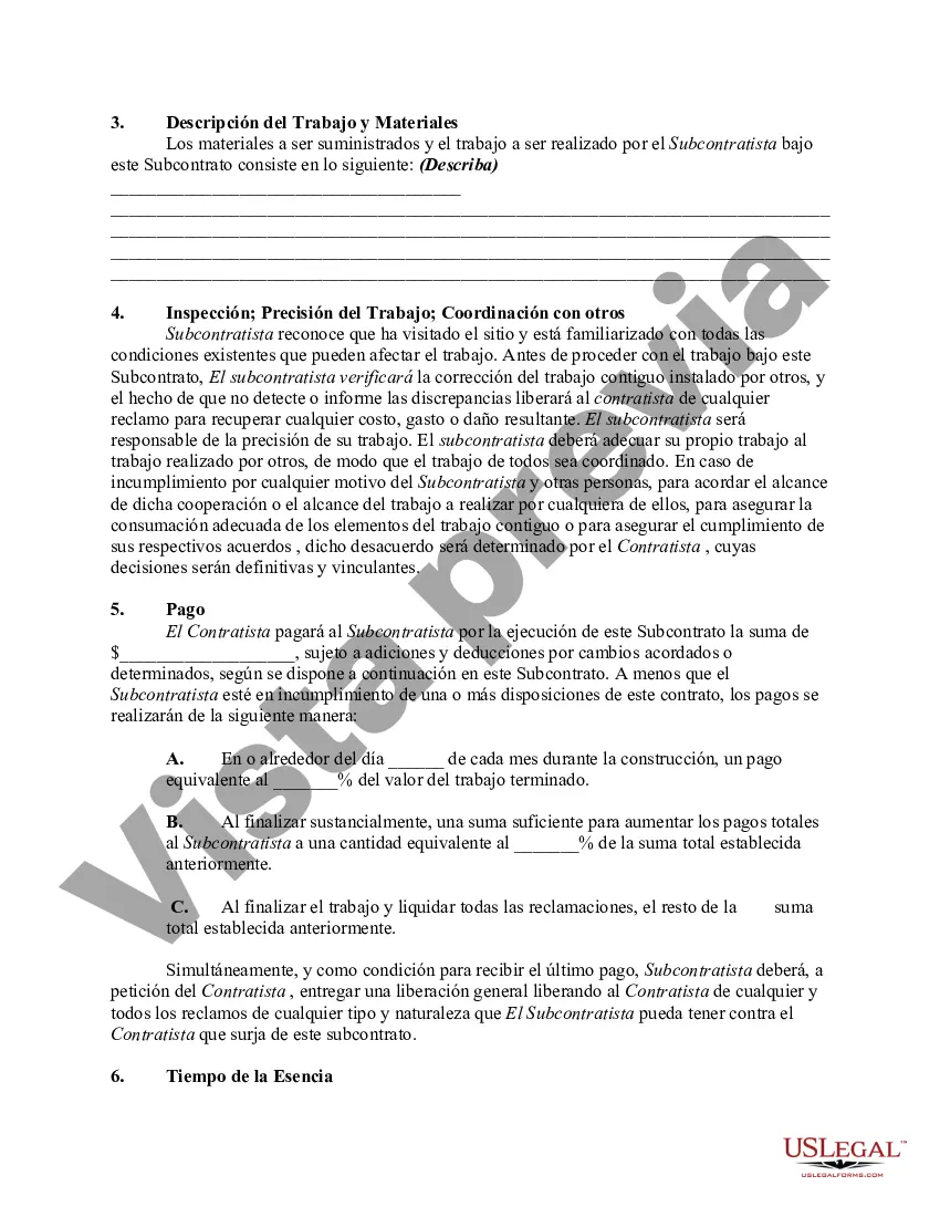 Preview Subcontrato para la construcción de una parte del edificio, con el subcontratista para realizar el trabajo y proporcionar materiales, equipos y mano de obra y para asumir la responsabilidad y eximir de responsabilidad al contratista y al propietario por cualquier daño a las personas o la propiedad