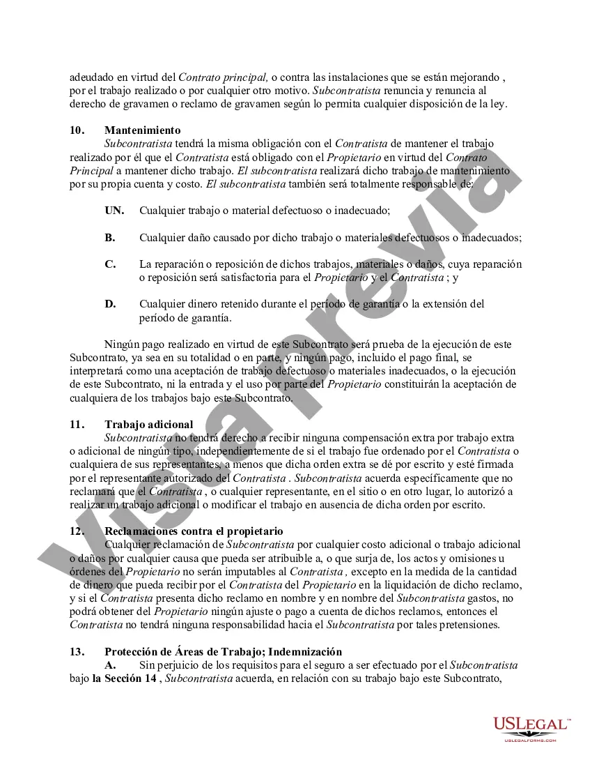 Preview Subcontrato para la construcción de una parte del edificio, con el subcontratista para realizar el trabajo y proporcionar materiales, equipos y mano de obra y para asumir la responsabilidad y eximir de responsabilidad al contratista y al propietario por cualquier daño a las personas o la propiedad