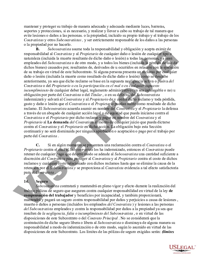 Preview Subcontrato para la construcción de una parte del edificio, con el subcontratista para realizar el trabajo y proporcionar materiales, equipos y mano de obra y para asumir la responsabilidad y eximir de responsabilidad al contratista y al propietario por cualquier daño a las personas o la propiedad