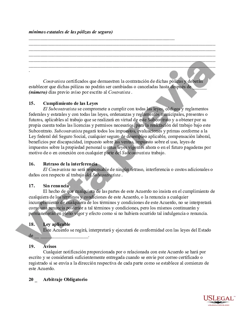 Preview Subcontrato para la construcción de una parte del edificio, con el subcontratista para realizar el trabajo y proporcionar materiales, equipos y mano de obra y para asumir la responsabilidad y eximir de responsabilidad al contratista y al propietario por cualquier daño a las personas o la propiedad