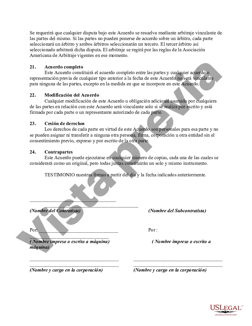 Preview Subcontrato para la construcción de una parte del edificio, con el subcontratista para realizar el trabajo y proporcionar materiales, equipos y mano de obra y para asumir la responsabilidad y eximir de responsabilidad al contratista y al propietario por cualquier daño a las personas o la propiedad