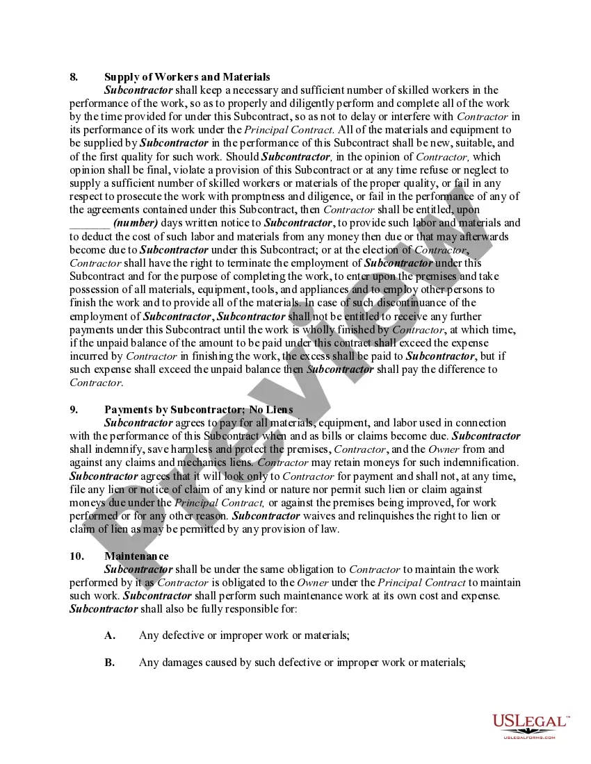 Get Subcontract for Construction of Portion of Building, with Subcontractor to Perform Work and Furnish Materials, Equipment and Labor and to Assume Liability for and Hold Contractor and Owner Harmless from any Damage to Persons or Property Preview Subcontract for Construction of Portion of Building, with Subcontractor to Perform Work and Furnish Materials, Equipment and Labor and to Assume Liability for and Hold Contractor and Owner Harmless from any Damage to Persons or Property