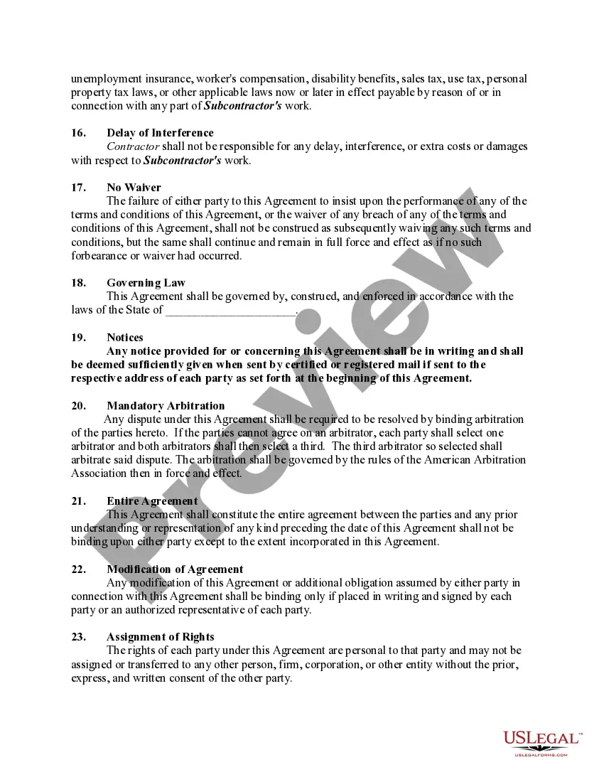 Get Subcontract for Construction of Portion of Building, with Subcontractor to Perform Work and Furnish Materials, Equipment and Labor and to Assume Liability for and Hold Contractor and Owner Harmless from any Damage to Persons or Property Preview Subcontract for Construction of Portion of Building, with Subcontractor to Perform Work and Furnish Materials, Equipment and Labor and to Assume Liability for and Hold Contractor and Owner Harmless from any Damage to Persons or Property