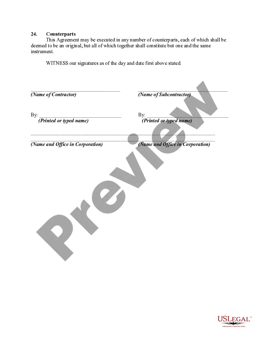 Get Subcontract for Construction of Portion of Building, with Subcontractor to Perform Work and Furnish Materials, Equipment and Labor and to Assume Liability for and Hold Contractor and Owner Harmless from any Damage to Persons or Property Preview Subcontract for Construction of Portion of Building, with Subcontractor to Perform Work and Furnish Materials, Equipment and Labor and to Assume Liability for and Hold Contractor and Owner Harmless from any Damage to Persons or Property