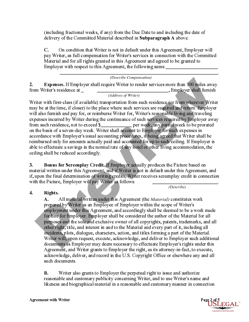 Get Agreement with Writer including a Work for Hire Provision Preview Agreement with Writer including a Work for Hire Provision