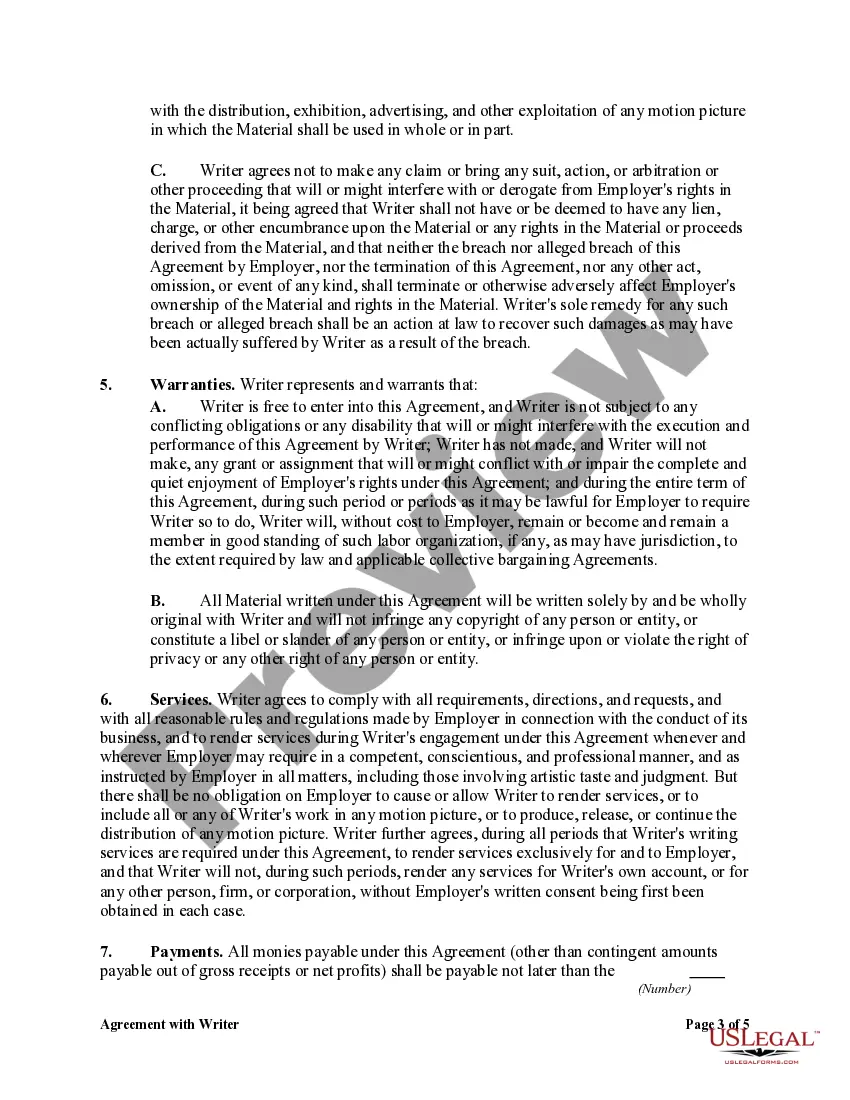 Get Agreement with Writer including a Work for Hire Provision Preview Agreement with Writer including a Work for Hire Provision