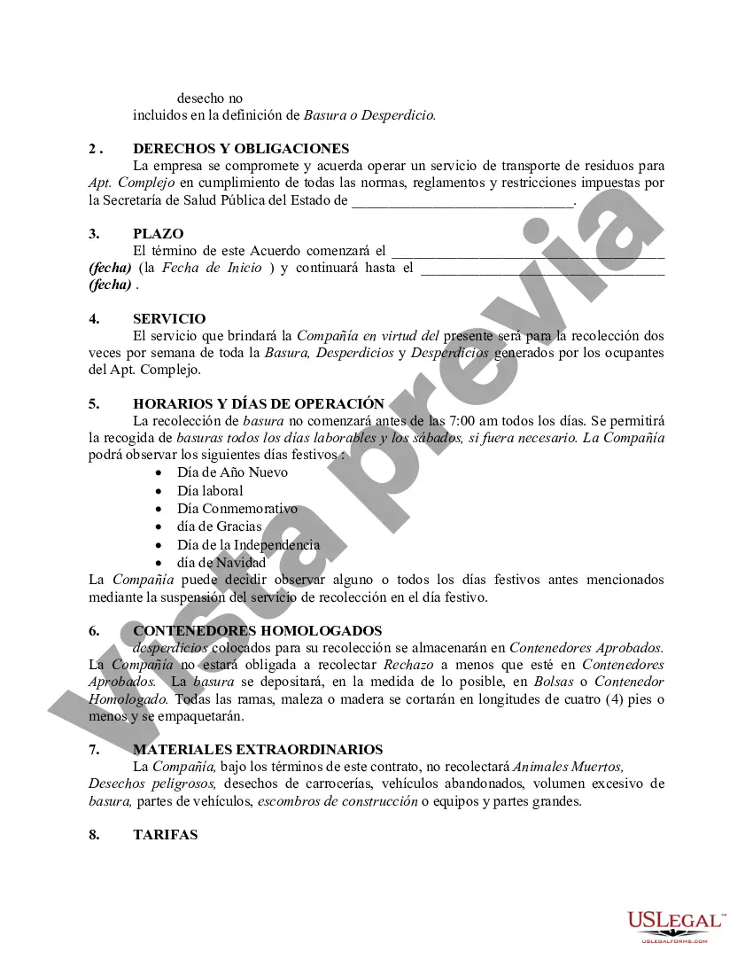 Preview Contrato entre una empresa de gestión de residuos y el propietario de un complejo de apartamentos - Trabajador por cuenta propia