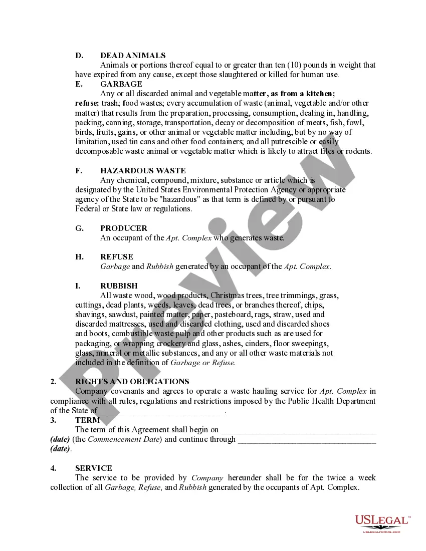 Get Contract Between a Waste Management Company and the Owner of an Apartment Complex - Self-Employed Preview Contract Between a Waste Management Company and the Owner of an Apartment Complex - Self-Employed