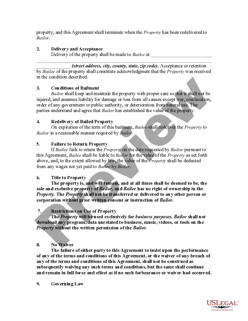 Get Bailment Contract Between Employer and Employee Regarding Use of Employer's Equipment in Order to Work at Home Preview Bailment Contract Between Employer and Employee Regarding Use of Employer's Equipment in Order to Work at Home