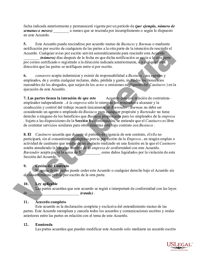 Preview Contrato de Trabajo entre un Bartender - como Contratista Independiente que trabaja por Cuenta Propia - y una Empresa que Suministra Bartenders a Fiestas y Eventos Especiales