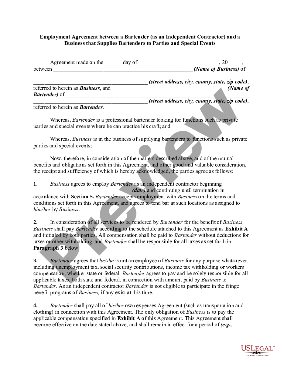page 0 Employment Agreement Between a Bartender - as Self-Employed Independent Contractor - and a Business that Supplies Bartenders to Parties and Special Events preview