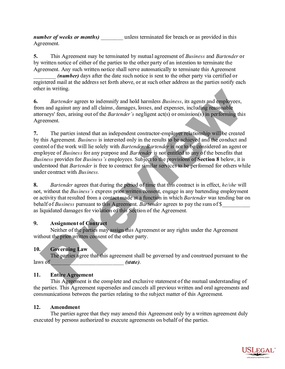 page 1 Employment Agreement Between a Bartender - as Self-Employed Independent Contractor - and a Business that Supplies Bartenders to Parties and Special Events preview