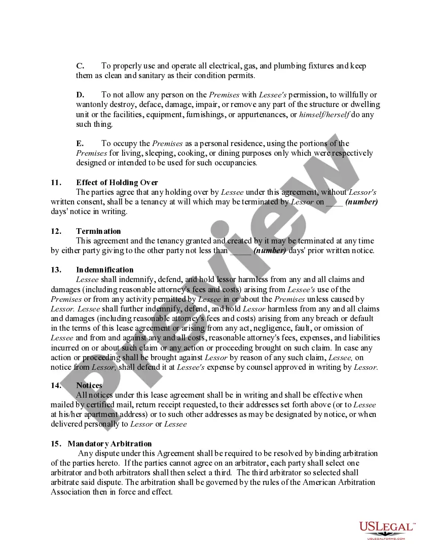 Preview Month to Month or Monthly Rental Agreement of Furnished Apartment