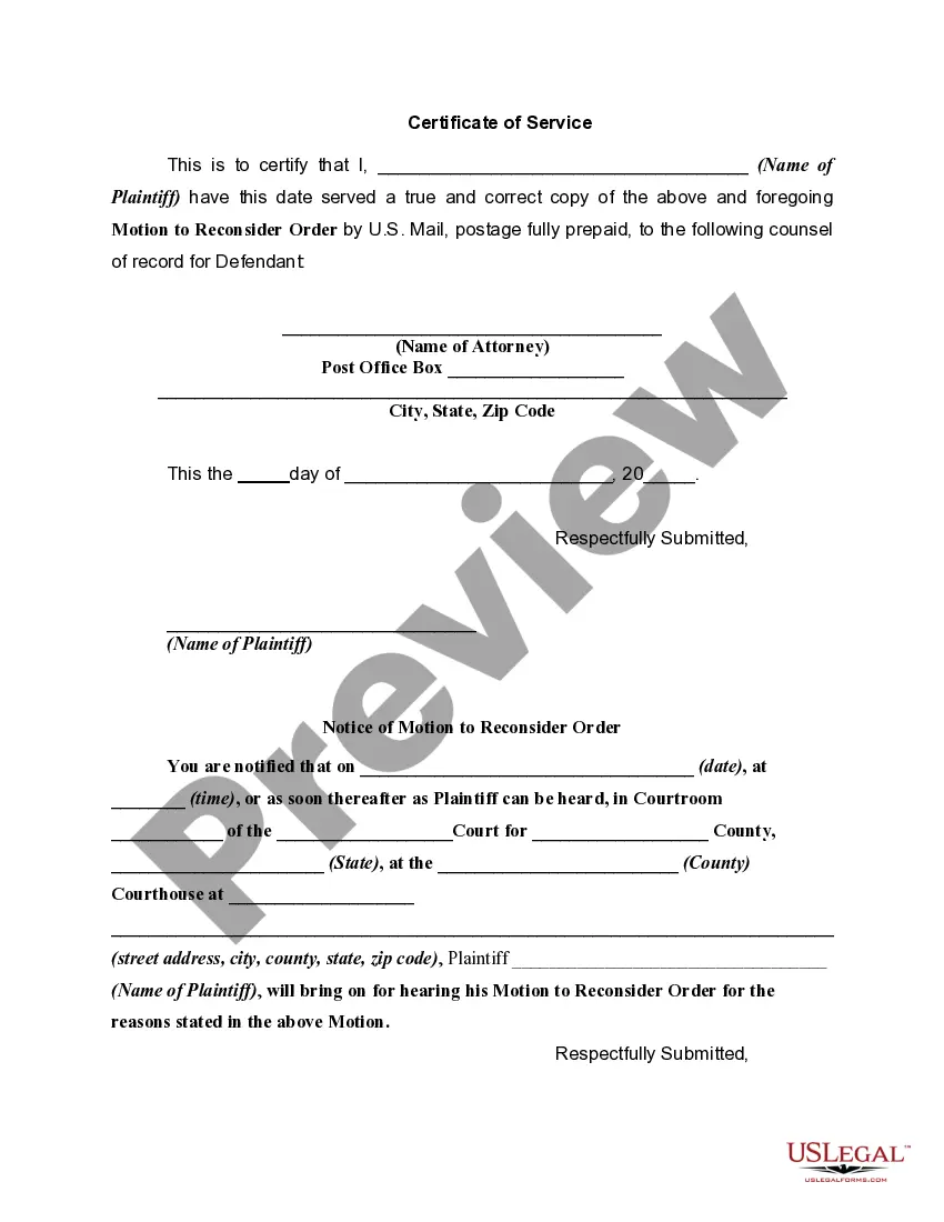 Get Motion of Plaintiff Requesting Court to Reconsider an Order and Reimburse Attorney's Fees and Medical Costs - Notice of Motion to Defendant Preview Motion of Plaintiff Requesting Court to Reconsider an Order and Reimburse Attorney's Fees and Medical Costs - Notice of Motion to Defendant
