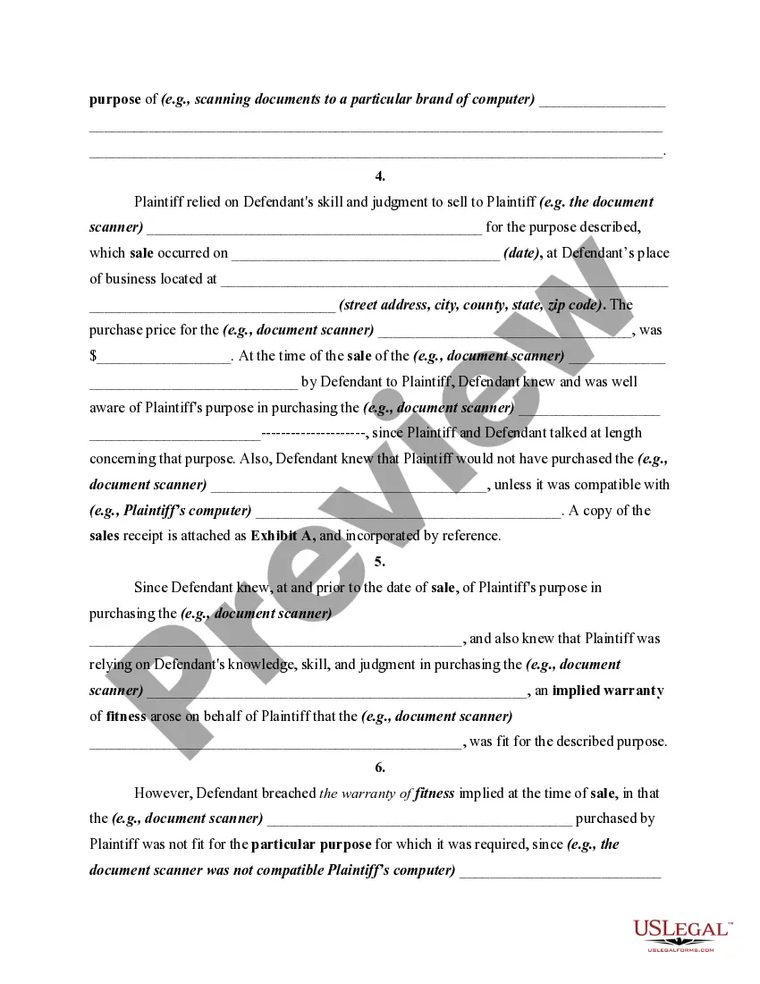 Preview Complaint for Breach of Warranty of Fitness for a Particular Purpose in Sale of Product