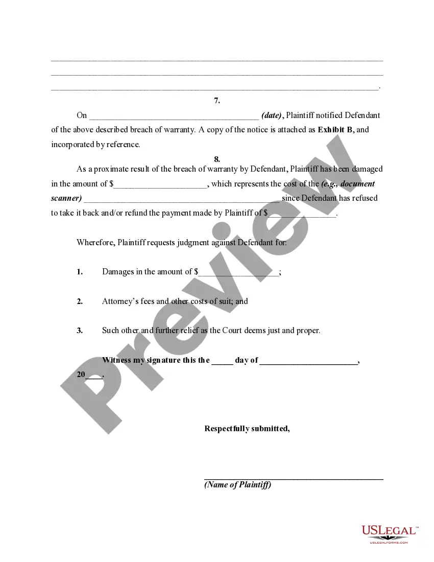 Preview Complaint for Breach of Warranty of Fitness for a Particular Purpose in Sale of Product