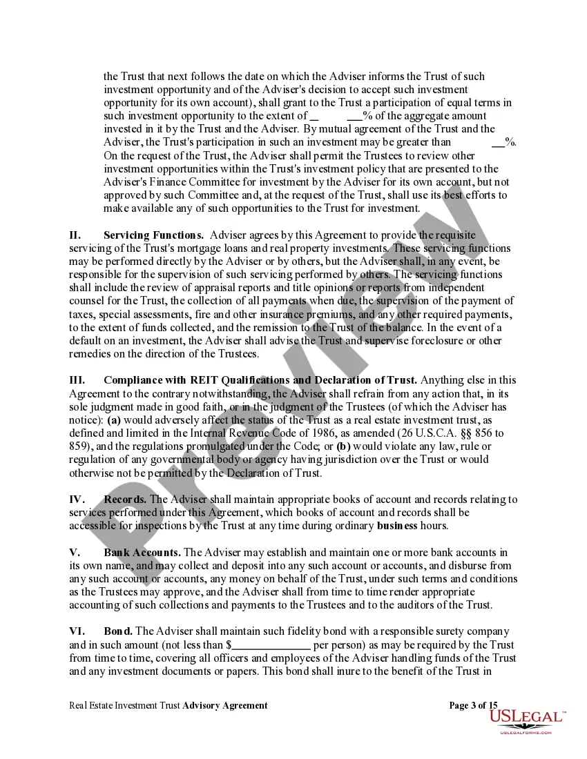 Preview Real Estate Investment Trust Advisory Agreement