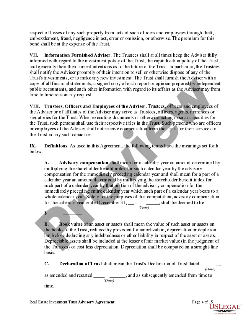 Preview Real Estate Investment Trust Advisory Agreement