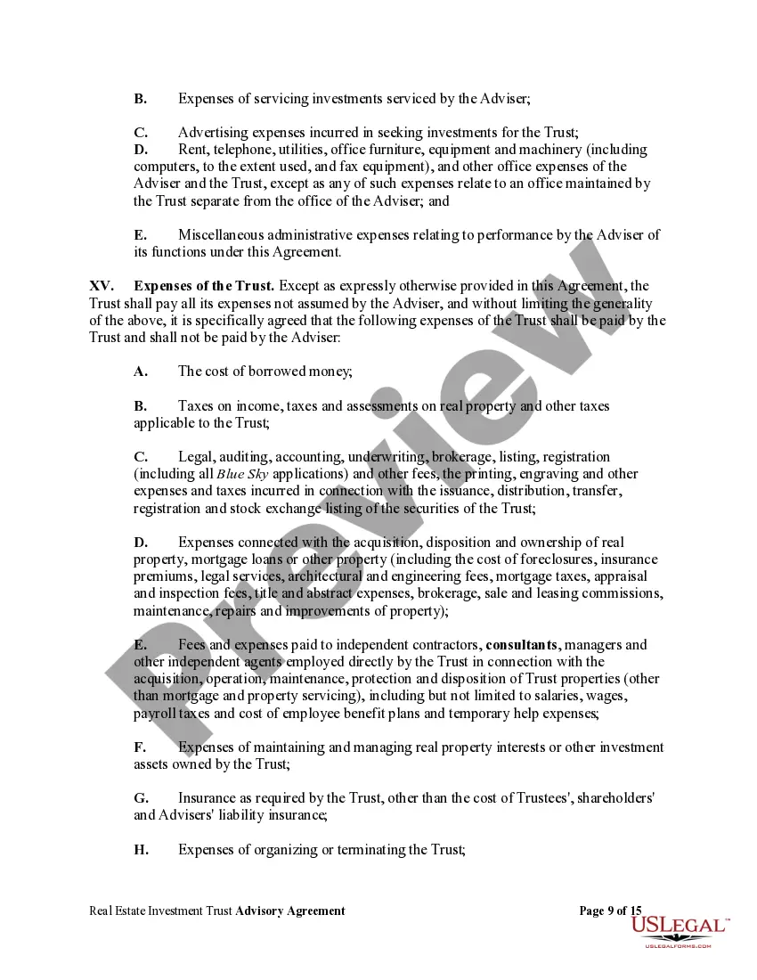 Preview Real Estate Investment Trust Advisory Agreement