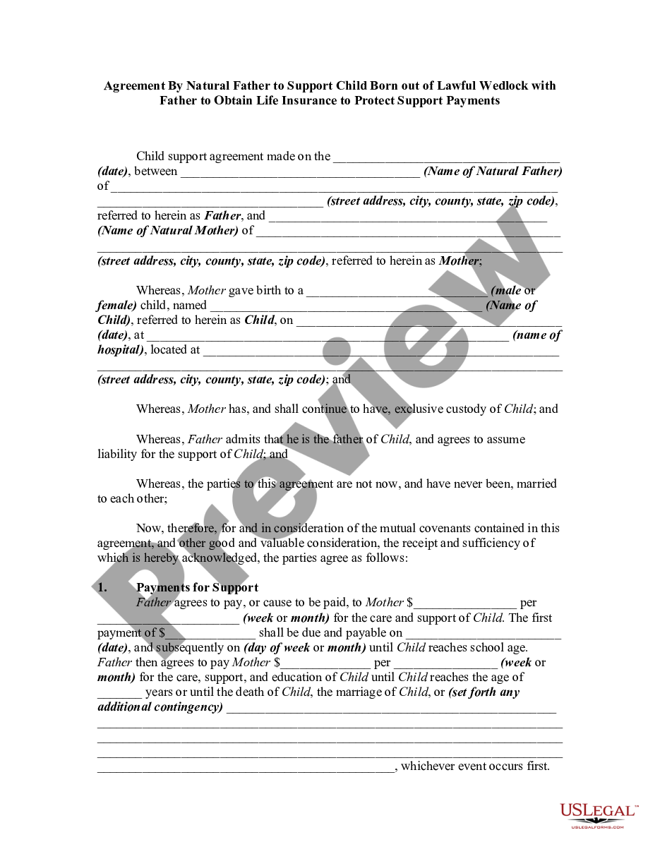 page 0 Agreement By Natural Father to Support Child Born out of Lawful Wedlock with Father to Obtain Life Insurance to Protect Support Payments preview