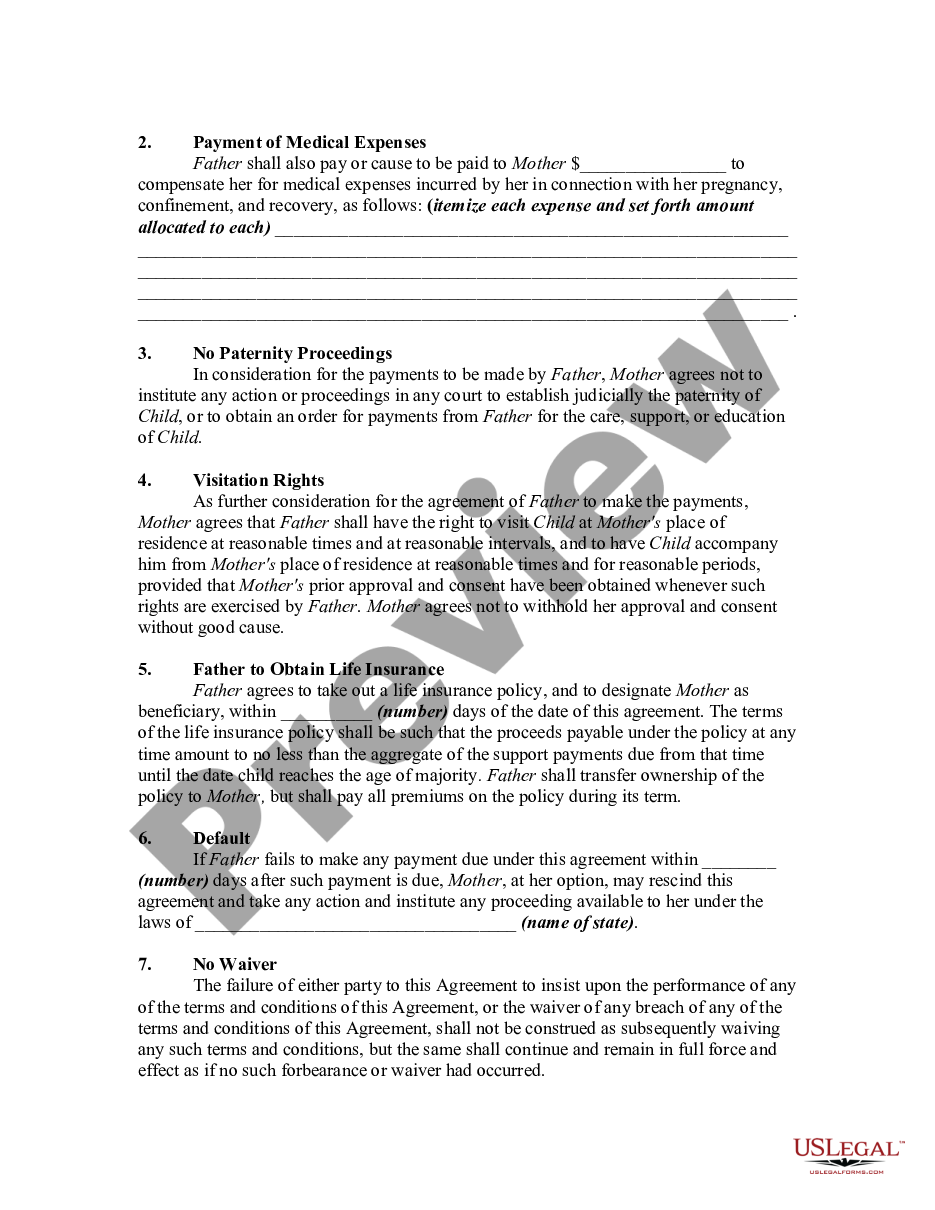page 1 Agreement By Natural Father to Support Child Born out of Lawful Wedlock with Father to Obtain Life Insurance to Protect Support Payments preview