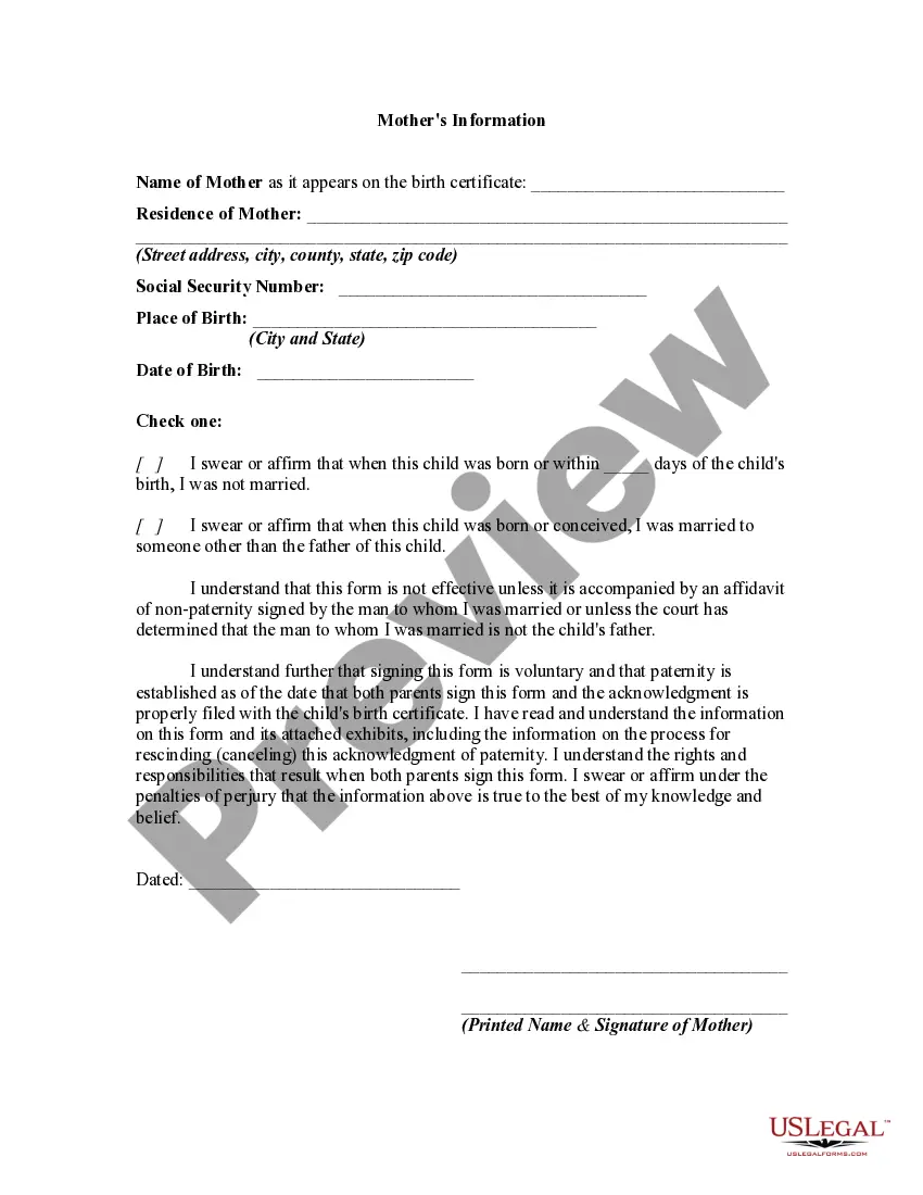 Preview Voluntary Acknowledgment of Parentage By Mother and Father