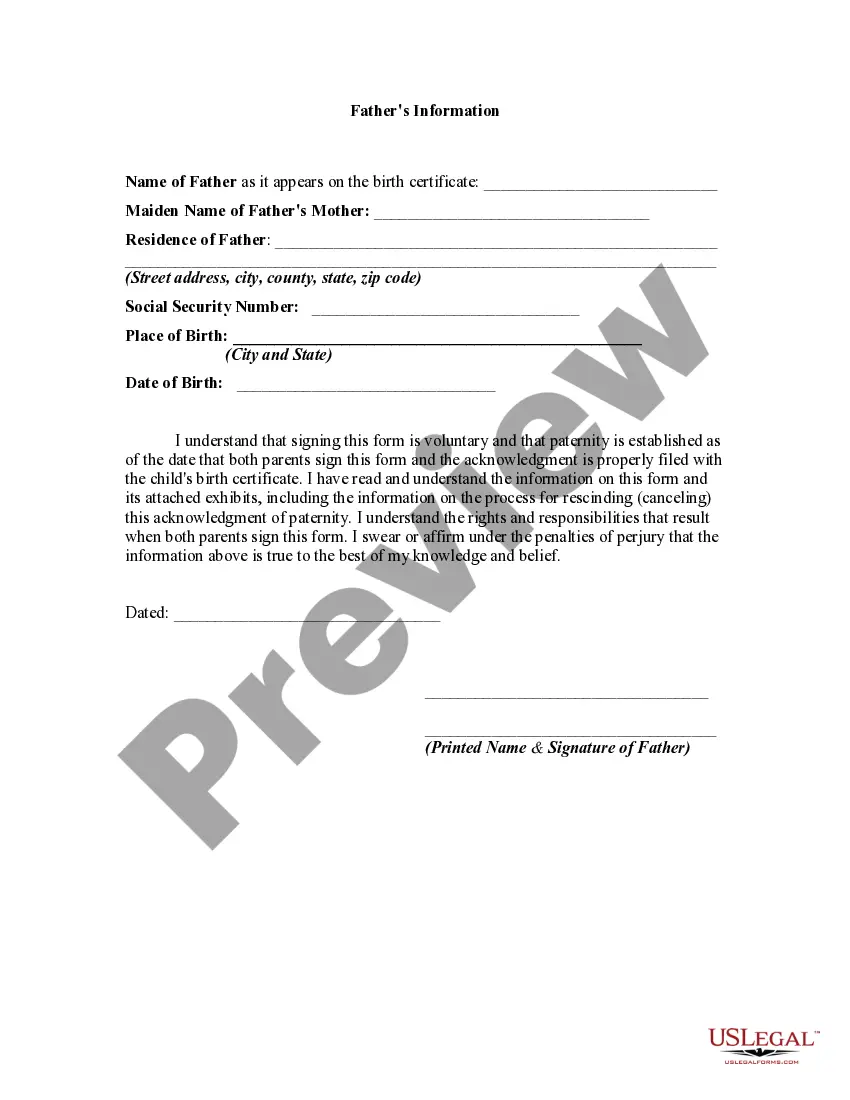 Preview Voluntary Acknowledgment of Parentage By Mother and Father