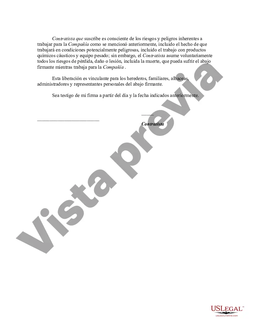 Preview Liberación de reclamos y asunción de riesgos por lesiones accidentales futuras o muerte por parte de un contratista independiente que trabaja por cuenta propia que trabaja en condiciones potencialmente peligrosas, incluido el trabajo con productos químicos cáusticos y equipo pesado
