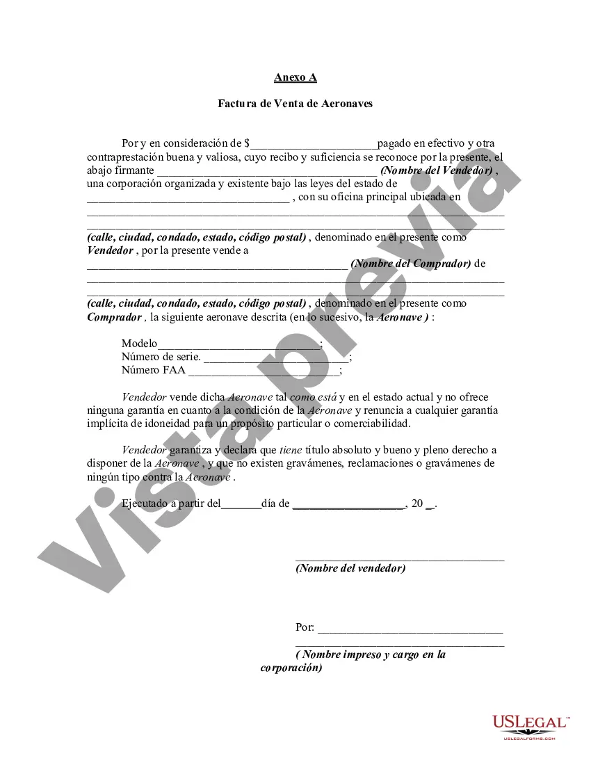 Preview Contrato de Compra y Venta de una Aeronave con Factura de Venta Adjunta como Anexo