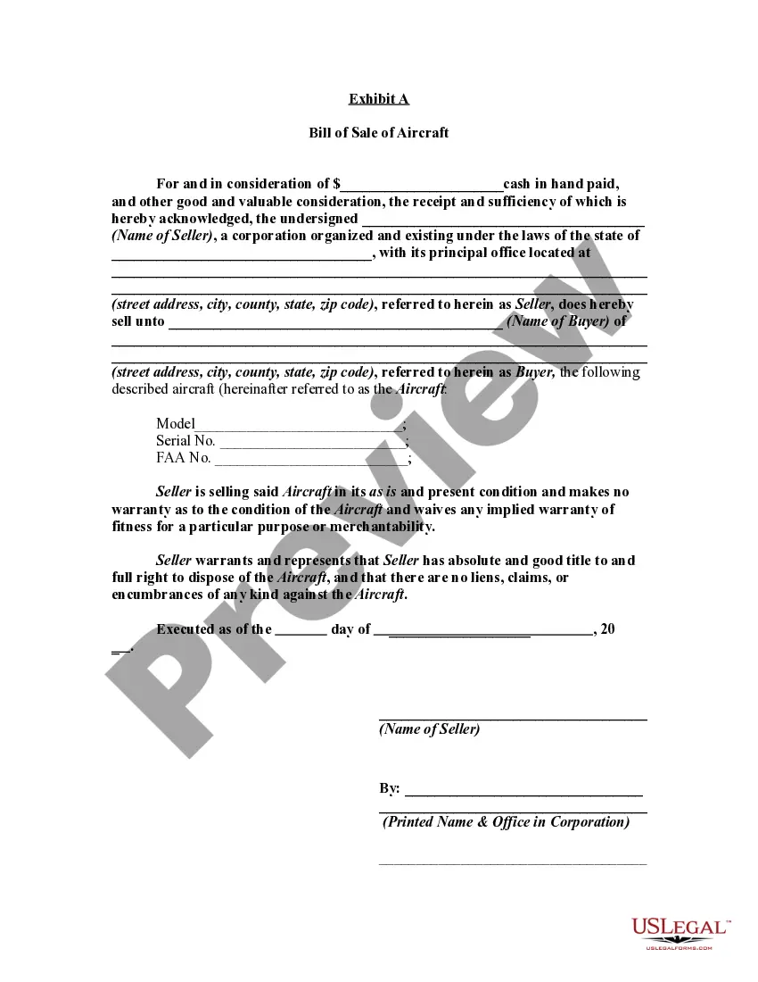 Get Contract for the Sale and Purchase of an Aircraft with a Bill of Sale Attached as an Exhibit Preview Contract for the Sale and Purchase of an Aircraft with a Bill of Sale Attached as an Exhibit