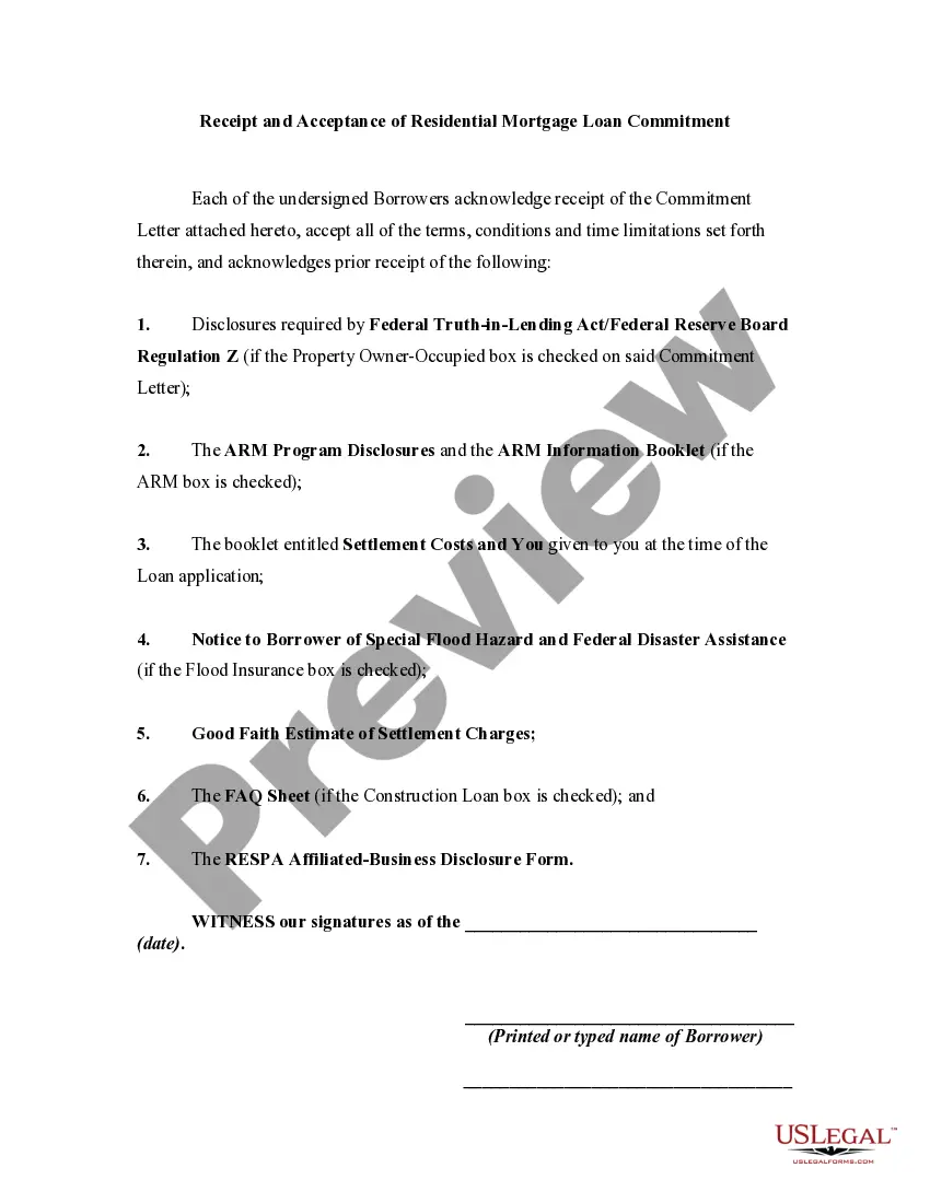 Preview Receipt and Acceptance of Residential Mortgage Loan Commitment