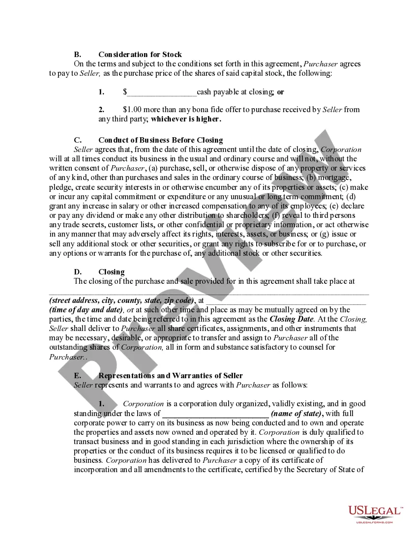 Get Right of First Refusal to Purchase All Shares of Corporation from Sole Shareholder Preview Right of First Refusal to Purchase All Shares of Corporation from Sole Shareholder