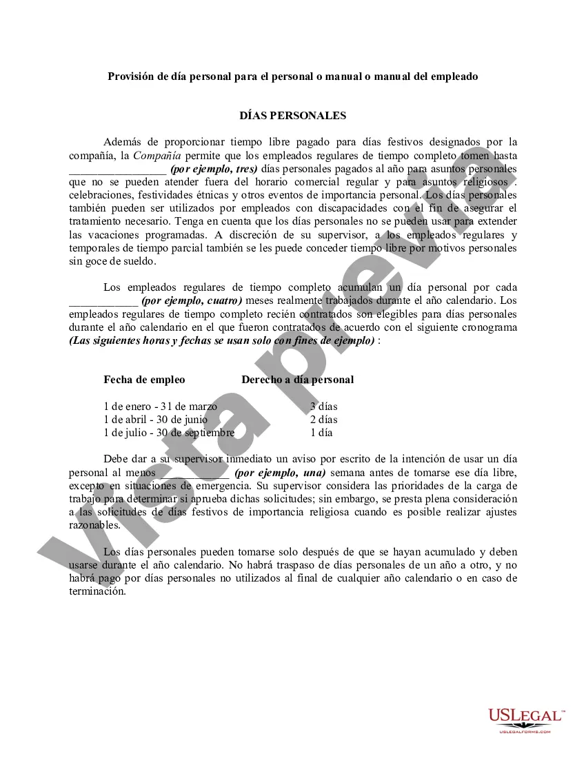Preview Provisión de día personal para el personal o manual o manual del empleado