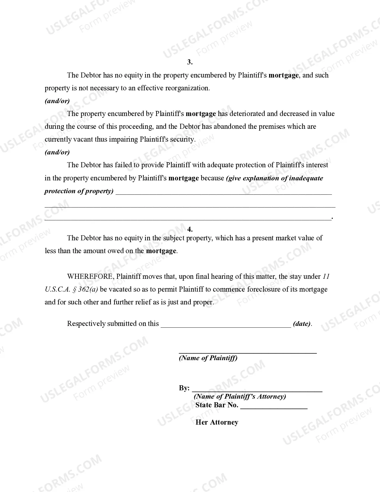 Preview Motion in Bankruptcy Court by Mortgagee to Vacate Stay to Permit Foreclosure of Mortgage on Debtor's Real Property