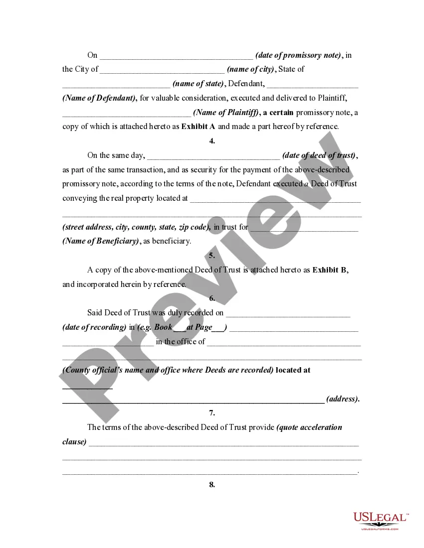 Preview Complaint or Petition to Recover Deficiency after Sale under Trust Deed or Deed of Trust