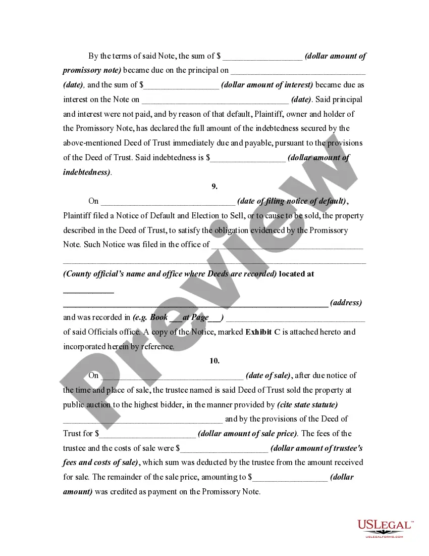 Preview Complaint or Petition to Recover Deficiency after Sale under Trust Deed or Deed of Trust