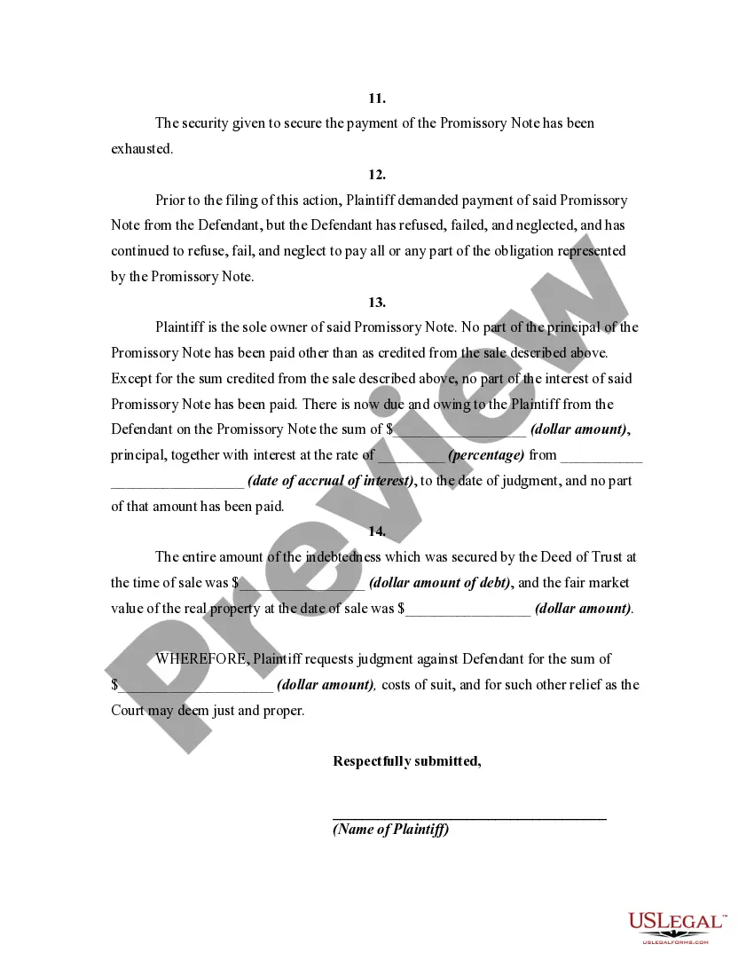 Preview Complaint or Petition to Recover Deficiency after Sale under Trust Deed or Deed of Trust