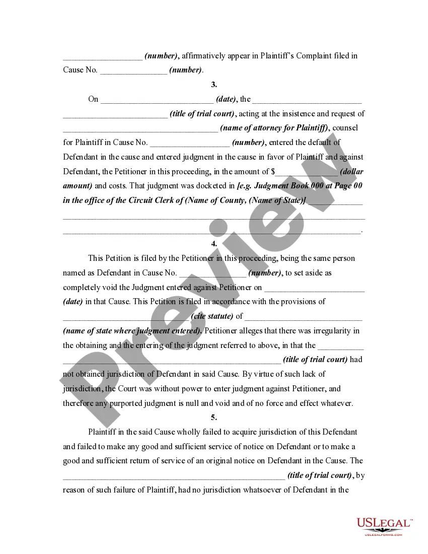 Get Petition to Vacate Default Judgment for Failure to Acquire Jurisdiction over Defendants due to Defective Service of Process Preview Petition to Vacate Default Judgment for Failure to Acquire Jurisdiction over Defendants due to Defective Service of Process