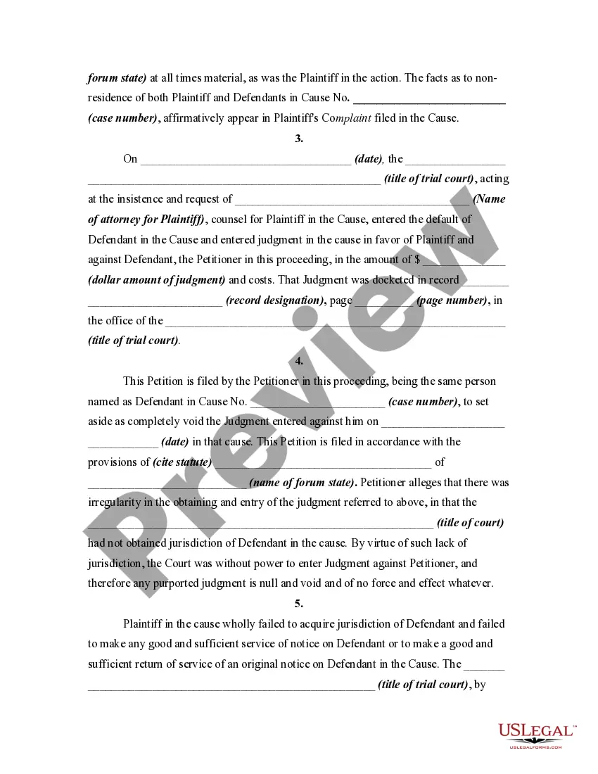 Get Petition to Vacate Judgment due to Failure to Acquire Jurisdiction over Defendant - Defective Service of Process Preview Petition to Vacate Judgment due to Failure to Acquire Jurisdiction over Defendant - Defective Service of Process